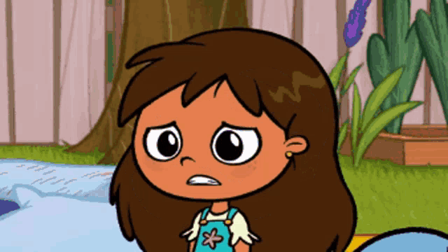 a cartoon girl with brown hair and overalls has a flower on her shirt