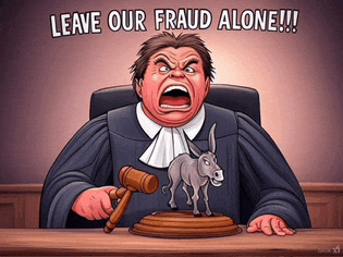 a cartoon of a judge with a donkey in his mouth and the words " leave our fraud alone " below him