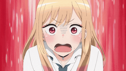 a girl with blonde hair and red eyes is making a funny face