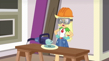 a cartoon girl wearing a hard hat and goggles is standing next to a circular saw on a table .