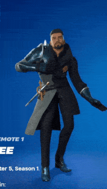 a man in a trench coat is standing in front of a blue background with the word emote on it