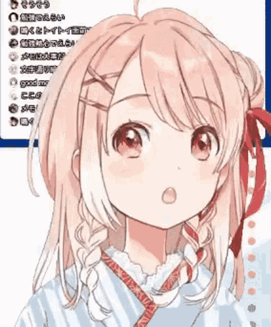 a girl with pink hair and red eyes is wearing a striped shirt