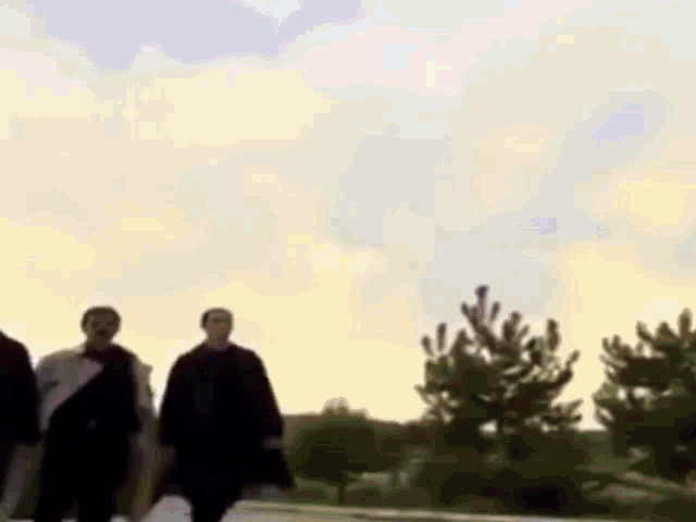 a group of people are walking down a street in front of trees