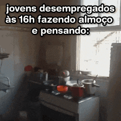 a kitchen with the words " jovens desempregados " above it