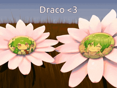 two flowers with a picture of a girl on them and the words draco < 3