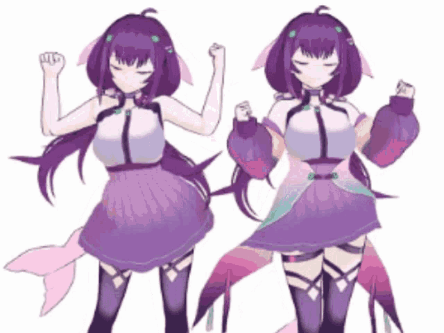 two anime girls with purple hair are standing next to each other on a white background
