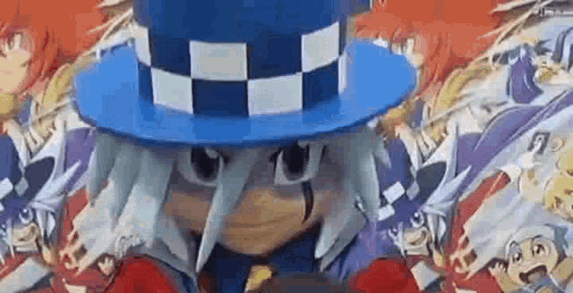 a close up of a cartoon character wearing a blue and white checkered hat .