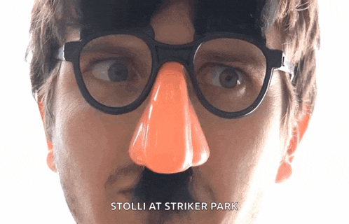 a man wearing glasses and a fake nose with the words stolli at striker park below him