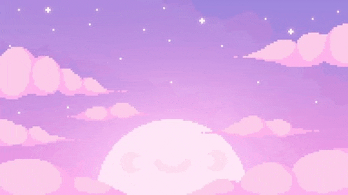 it looks like a pixel art of a sunset with pink clouds and stars .
