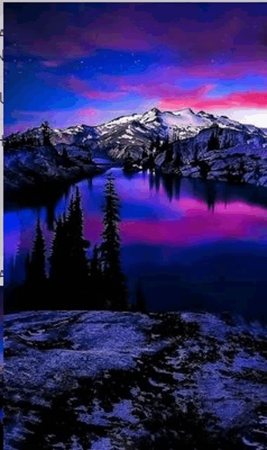 a painting of a lake with mountains in the background at night .