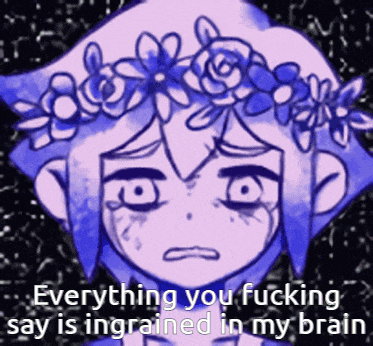 a drawing of a girl with a flower crown on her head with the words " everything you fucking say is ingrained in my brain "