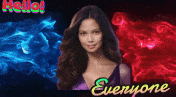 a woman in a purple dress with the words hello everyone