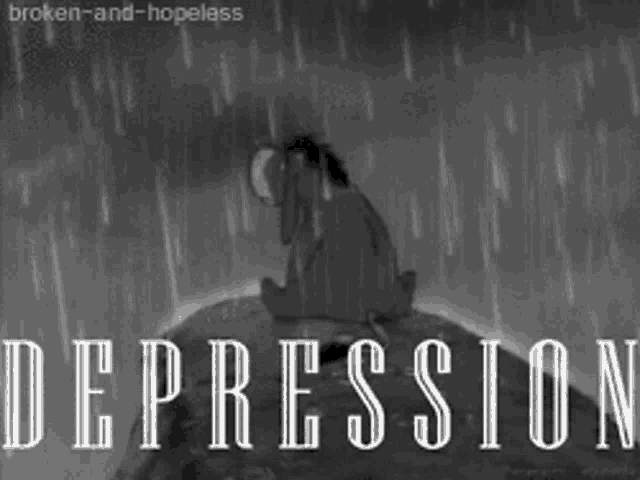 eeyore is sitting on a rock in the rain with the word depression written below him