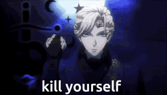 a man with a crown on his head is standing in the dark with the words `` kill yourself '' .