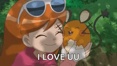 a cartoon girl is holding a pokemon in her hands and saying `` i love uu '' .