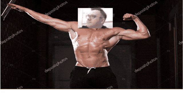 a man without a shirt is flexing his muscles with a picture of a man behind him ..