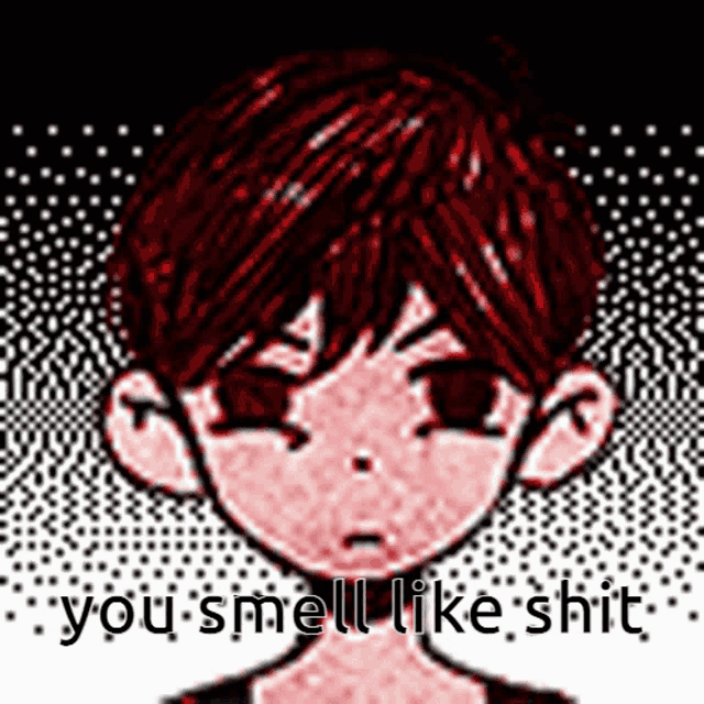 a pixel art of a boy with the words you smell like shit