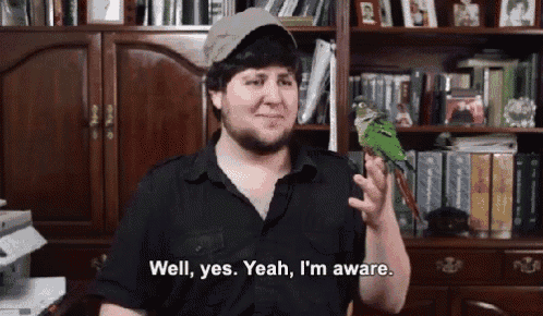 a man is holding a green parrot on his hand and says well yes yeah i 'm aware