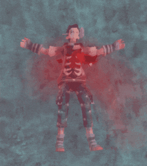 a cartoon character is floating in the air with his arms outstretched and a red background