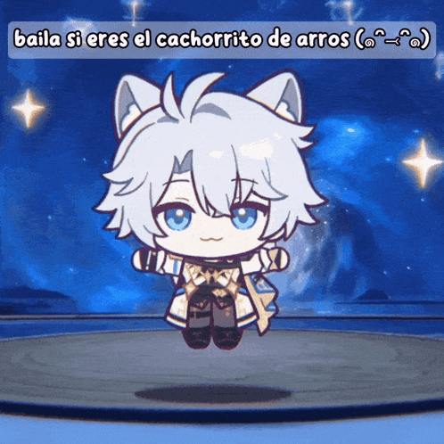 a cartoon of a cat with the words baila si eres el cachorrito de aros above it