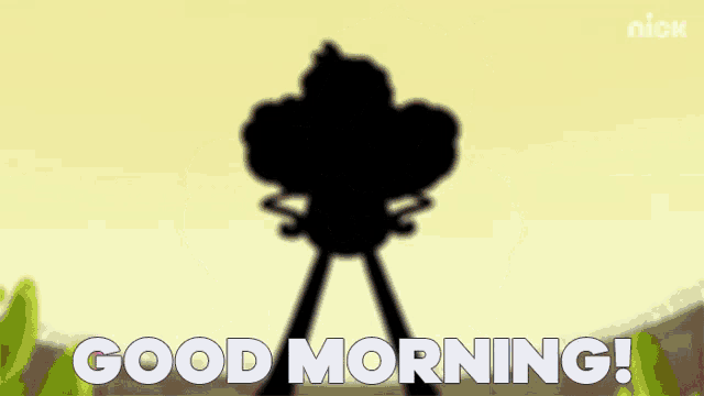 a cartoon says good morning with a silhouette of a person in the background