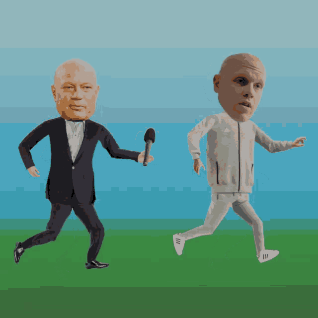 a man in a suit holding a microphone and another man in a white adidas jacket