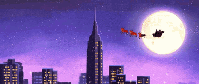 santa claus is flying over a city in a sleigh