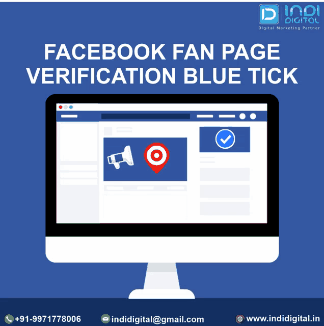 an ad for facebook fan page verification blue tick shows a computer screen
