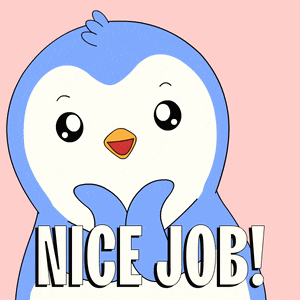a blue penguin says nice job in white letters