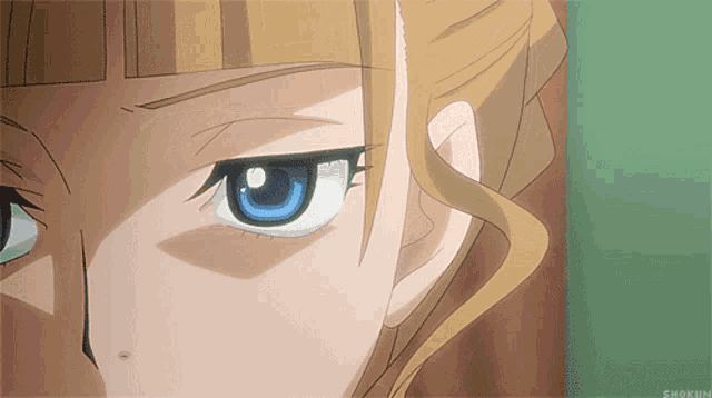 a close up of a woman 's face with the word shokin visible