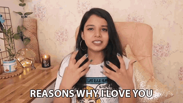 a woman sitting in a chair with the words reasons why i love you