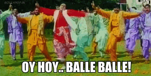 a group of people are dancing with the words oy hoy balle balle in the foreground