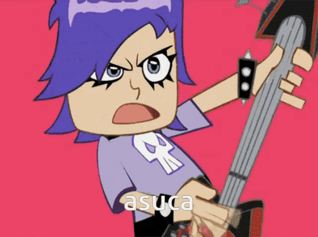 a cartoon character with purple hair is holding a guitar and the word asuca is on the bottom right