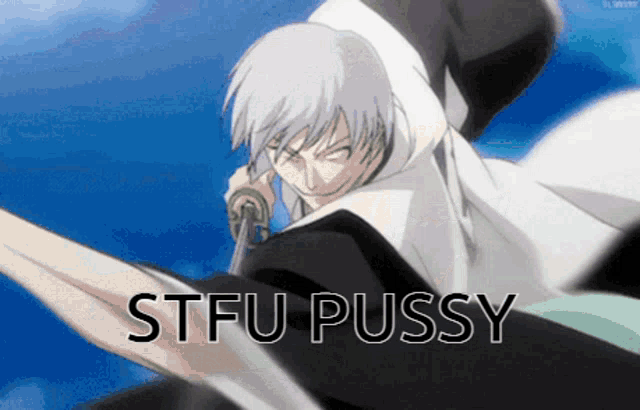 a picture of a man with a sword and the word stfu pussy