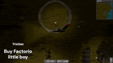 a screenshot of a video game with the words " buy factorio little boy "