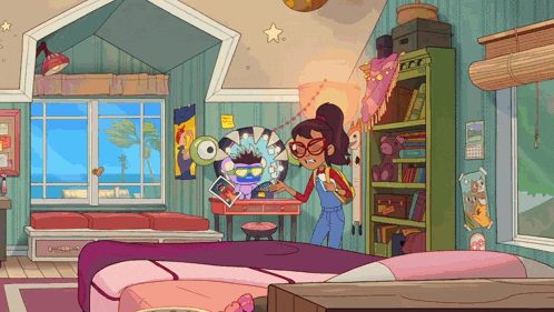 a cartoon drawing of a girl reading a magazine