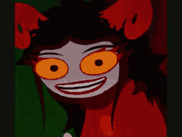 a cartoon character with horns and orange eyes smiles