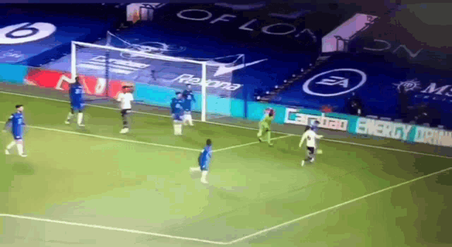 a group of soccer players are playing a game on a field sponsored by rexona