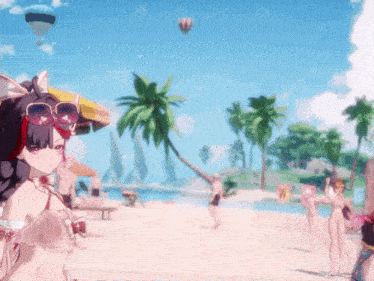 a girl wearing sunglasses stands on a beach with palm trees in the background