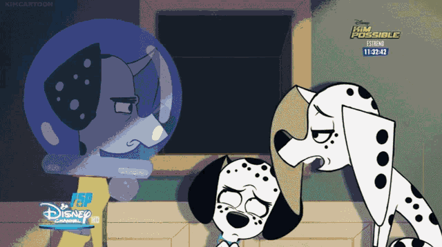 two dalmatian dogs are standing next to each other in front of a sign that says disney channel