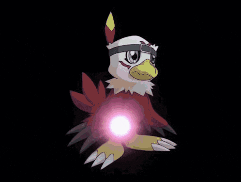 a cartoon character with a helmet and goggles surrounded by pink light