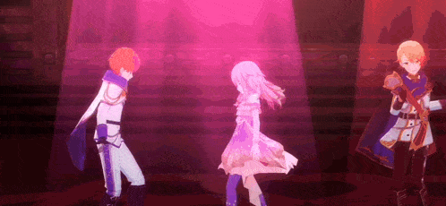 a group of anime characters are dancing on a stage in a dark room .