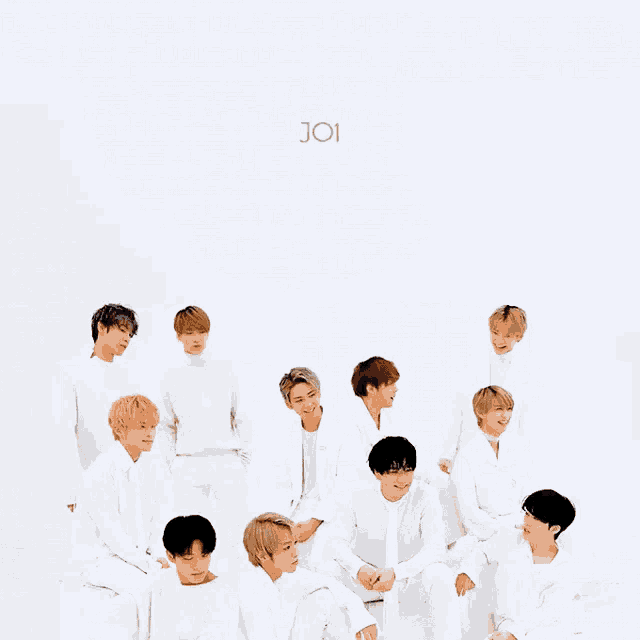 a group of young men are posing for a picture and the word joi is on the white background