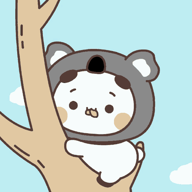 a cartoon bear wearing a koala hat is climbing a tree branch