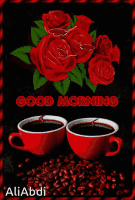 two cups of coffee and red roses on a black background with the words good morning