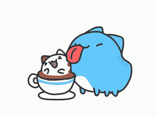 a cartoon of a cat licking a cup of cappuccino