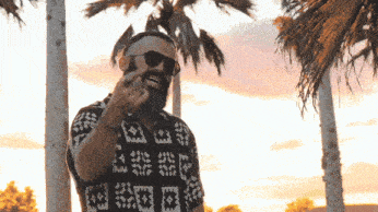 a man wearing sunglasses and a shirt that says ' hawaiian ' on it stands in front of palm trees