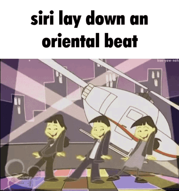 a cartoon of three people dancing with the words siri lay down an oriental beat