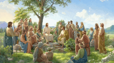 a painting of jesus surrounded by his followers