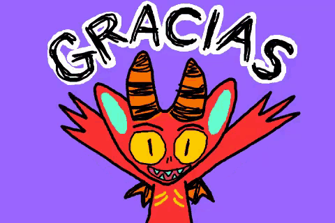 a cartoon drawing of a red demon with horns and yellow eyes says gracias .